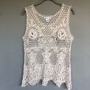 Solitaire Crochet Open Knit Top S Lace Beige Cream Fairy Boho Hippie Festival